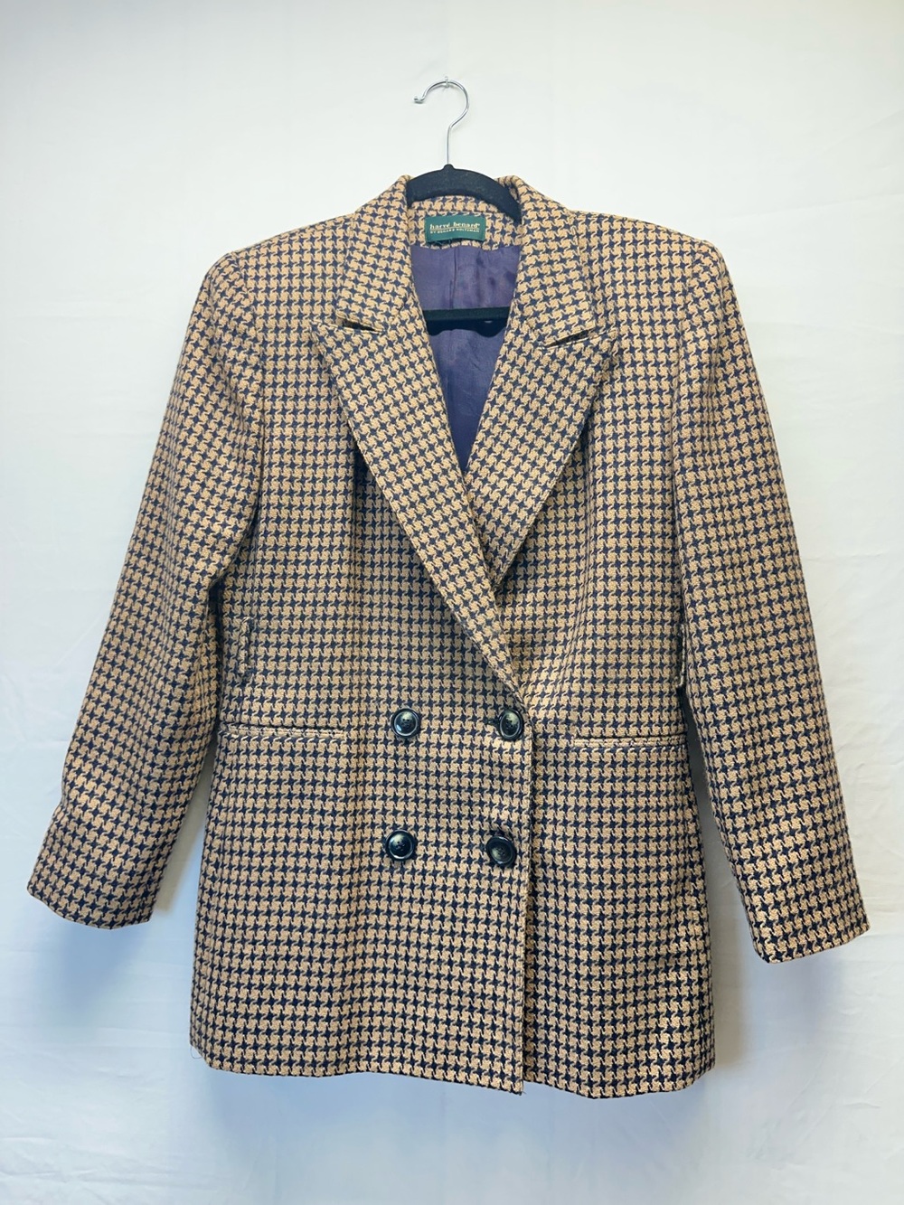 Tan & Navy Houndstooth Double-Breasted Wool Blazer